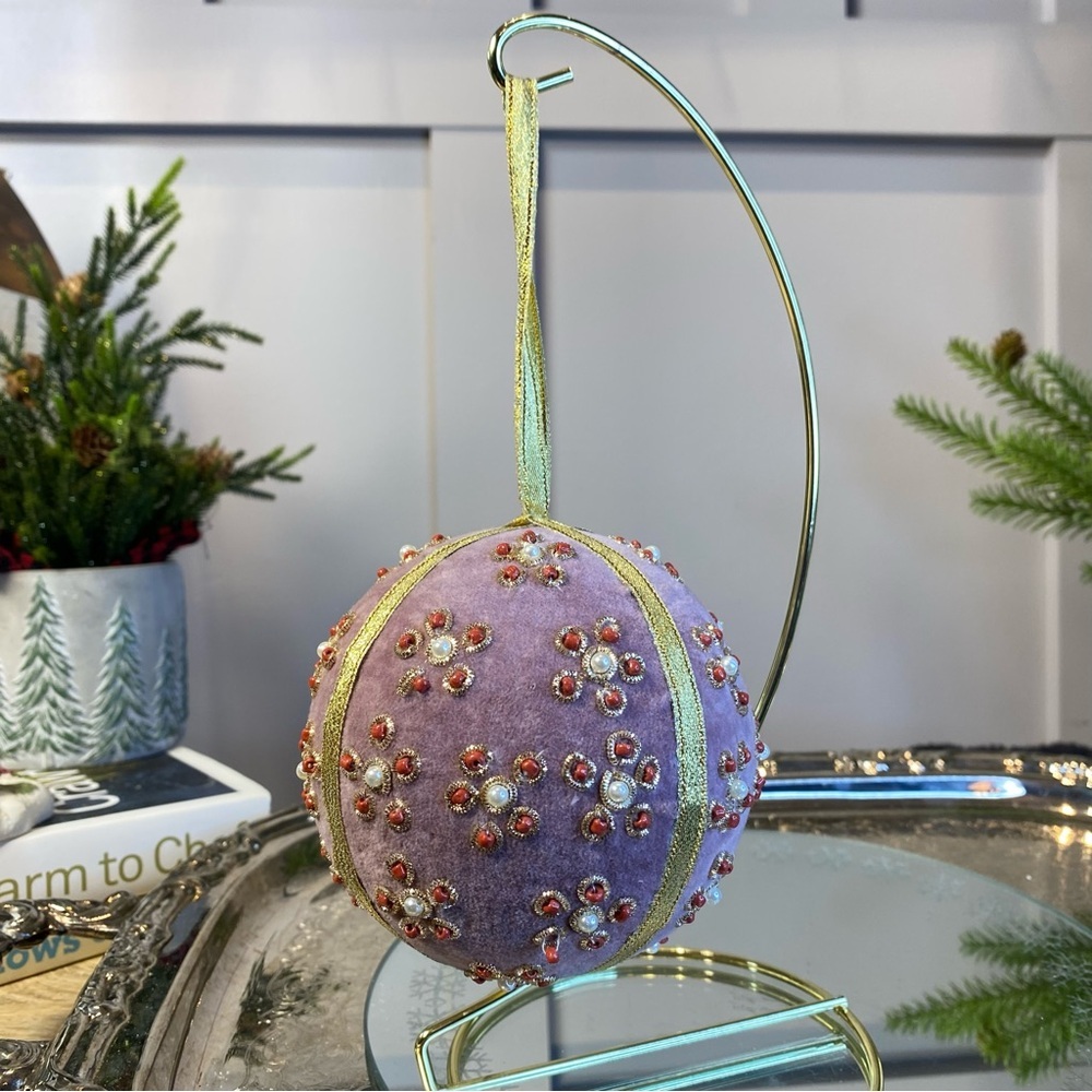 Mauve Velvet Beaded Ball Ornament  handcrafted 4.5”